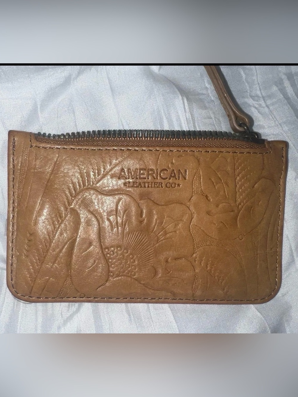 American Leather Co. Embossed Tan Leather Wristlet Clutch